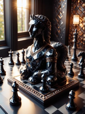 Realism, digital photo, Chess made of Obsidian_Diamond, at Townhouse, dramatic light, bokeh, Mosaic-Like,cinematic_warm_color, add_more_creative,Obsidian_Diamond,ral-pnrse