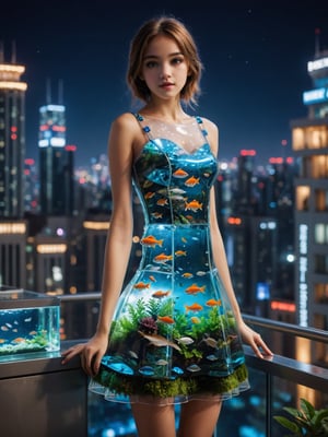 A harmonious blend of nature and technology. (Dress made from fish tank), a futuristic realm, Night, 1Girl on the balcony, ultra hi-tech cityscape, light bokeh portrait, detailed eyes, posing for photo, hiding hands behind,cinematic_warm_color,Movie Still,Extremely Realistic