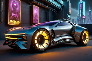 a 3/4 front view of ((futuristic cyberpunk badass ho-trod)) (with glowing tires), at the parking lot,front pop up headlights, science fiction, sci-fi scenario, (night), natural light, cyberpunk city, neon signs, (highly detailed), multiple buildings in the background, detailed textures, wide angle, 8k, HDR, professional photo shoot, high quality photo, realistic photo, realistic shadows, detailed shadows, realistic proportions, c_car, Glass Elements, DonMR3mn4ntsXL 