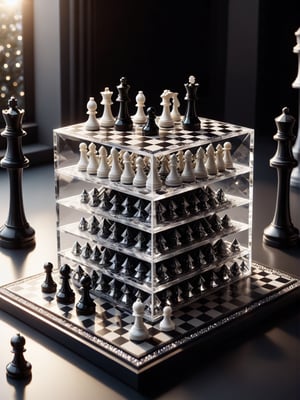 Realism, digital photo, Cubic platforms with chess, white and black, floating in the air with pawns, made of Obsidian_Diamond, at Townhouse, dramatic light, bokeh,cinematic_warm_color, add_more_creative,Obsidian_Diamond,ral-pnrse