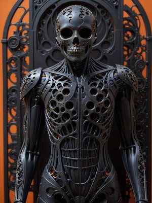 masterpiece, intricate details, dark metal black skeleton cyborg, exquisite delicate metal body structure, intricate detailed filigree delicate inner structure, (voids in body:1.5), (voids in body:1.5), (gaps in body:1.5), (holes in body:1.5), (hollows in body:1.5), close-up shot of torso, see through body, orange simple background,ral-pnrse,Movie Still,g1h3r,more detail XL,Extremely Realistic