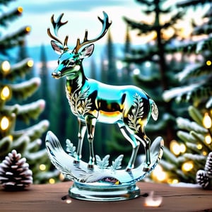 extremely delicate iridiscent deer made of glass, translucent, Christmas atmosphere, tiny golden accents, beautifully and intricately detailed, ethereal glow, whimsical, art by Mschiffer, best quality, glass art, magical holographic glow, Glass Elements, ByteBlade