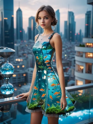 A harmonious blend of nature and technology. (Dress made from fish tank), a futuristic realm, 1Girl on the balcony, ultra hi-tech cityscape, light bokeh portrait, detailed eyes, posing for photo