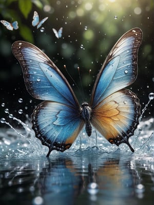 high quality, highly detailed, 8K Ultra HD, butterfly made of water spray, In this enchanting artwork, the very essence of water transforms into ethereal butterflies, each droplet gracefully adorning the wings of a butterfly in flight, The translucence of the water captures the delicate beauty of the butterfly, as if nature has granted fleeting wings to the liquid essence, The intricate patterns formed by these aquatic butterflies evoke a sense of enchantment, their ephemeral forms suspended in time, The play of light on their wings adds a touch of magic, turning ordinary droplets into a symphony of aquatic butterflies, dancing in the realm where water meets whimsical flight, by yukisakura, awesome full color,
