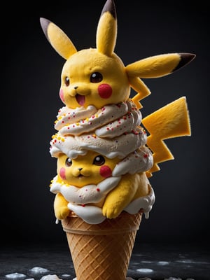 Dark background, RAW photo, a side view portrait, big ice-cream cone with 1Pikachu head, ice-cream on head, with passion, looking serene, high detail,