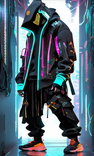 Full-length, standing in the corridor, 1guy dressed in a sweatshirt, cyber maskhelmet connected to a hood, wide trousers with pockets, neon elements on the clothes glow, The dark atmosphere emphasizes the glow of the clothes, masterpiece. (Cyberpunk style). TechStreetwear, Digital_Madness, ByteBlade