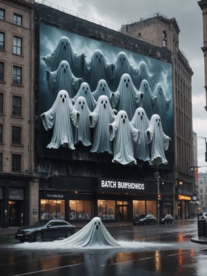 8k, dlsr, massive building with a prominent double exposure style of billboard with giant ghosts coming out, flying out, flooding the street, onto the street. bathed in soft, natural lighting cinematic quality, dramatic shadows, spooky atmosphere. exceptionally high level of detail and contrast, flawless overall composition