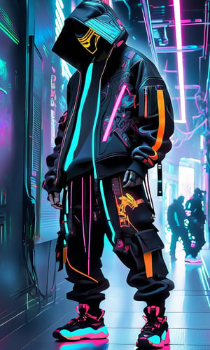 Full-length, standing in the corridor, 1guy dressed in a sweatshirt, cyber maskhelmet connected to a hood, wide trousers with pockets, neon elements on the clothes glow, The dark atmosphere emphasizes the glow of the clothes, masterpiece. (Cyberpunk style). TechStreetwear, Digital_Madness, ByteBlade