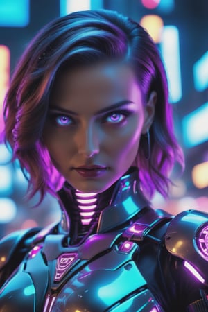 Hyperrealistic art cinematic photo Neon noir beautiful woman semi robot taking selfie, looking at viewer, She is dressed in ultraviolet latex glows softly, transparent armor elements,. Cyberpunk, dark, rainy streets, neon signs, high contrast, low light, vibrant, highly detailed . 35mm photograph, film, bokeh, professional, 4k, highly detailed . Extremely high-resolution details, photographic, realism pushed to extreme, fine texture, incredibly lifelike, weapon,