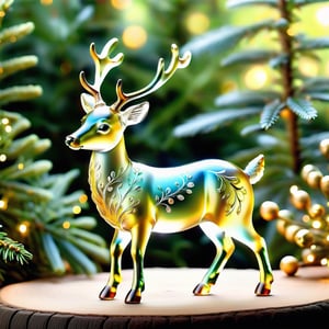 extremely delicate iridiscent deer made of glass, translucent, Christmas atmosphere, tiny golden accents, beautifully and intricately detailed, ethereal glow, whimsical, art by Mschiffer, best quality, glass art, magical holographic glow, Glass Elements, ByteBlade