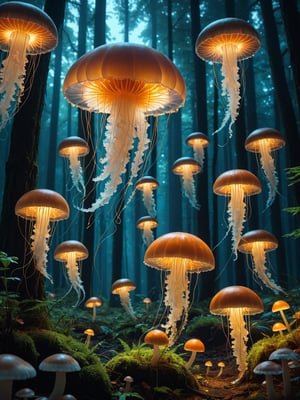 A jellyfish forest with mushrooms glowing in the dark, a forest fantasy in a nature scenery,cinematic_warm_color:0.0