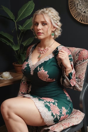 (1 girl, young female, white hair, short hair, blue eyes, curvy, large breasts, large ass, thick thighs, wide hips, abs, voloptuous), ((bracelet, dress, earrings, hair_ornament, jewelry, long_dress, necklace, black_dress, flower, long_sleeves, white_flower, green_dress, hair_flower, lace_trim, floral_print, braid, lace, red_flower, JavaneseBatik)), More Detail, Detailedface, Detailedeyes, sitting on chair with legs apart