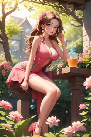 score_9, score_8_up, score_7_up, score_6_up, BREAK outside,garden,dappled sunlight,flowers,leaning forward,aerith gainsborough,hair flowers,long hair,green eyes,bubble butt,pink dress,red vest,tight dress,looking at viewer