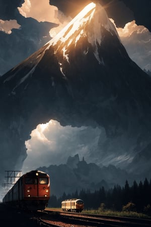 ((masterpiece, best quality, high quality, highres, ultra-detailed)),  ,a moving train   ,, against the background of the a moving train, blue sky, sunny day, epic clouds, (oil painting:0.1),  (best quality, 8K, high resolution, extreme detail, outstanding composition:1.4), art by Jeremy Mann, god rays, dramatic light,   (oxygen-rich air and sheltered atmosphere, , aesthetic of hard - edge painting:0.1),