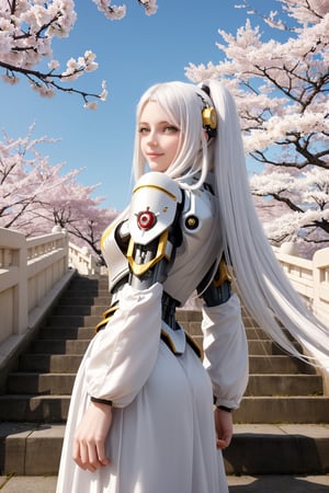 masterpiece, best quality, 1girl, yellow eyes, Beautiful face, delicate eyes, smile, long hair, white hair, tree, stairs, standing, sky, cherry blossoms, temple, looking at viewer, upper body, from below, looking back, ((Mecha)), young girl, Cyberpunk, CyberMechaGirl