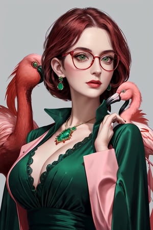 1 girl, emerald color eyes, wear red glasses, mature lady, big chest, flamingo in the back, copy character, change background, high_resolution, high_res, high details, High detailed, ,More Detail, EpicArt, fantasy00d, Detailedface