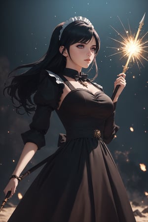 (Masterpiece,Best Quality), A realistic anime girl in a maid dress with coal-colored hair, striking a battle pose with a spear, inviting viewers to look closely at the high-resolution illustration, Fantasy, magical vibes, sci-fi mood, sparks, DoF, bokeh, sharp focus