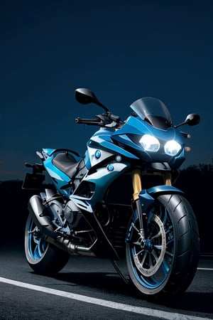 RAW phontograph of bmw bike, blue color,blue color bike, dark sky,cool, asthetic, spoilers,full bike in frame, full bike picture,highly detaited, 8k, 1000mp,ultra sharp, master peice, realistic,detailed grills, detailed headlights,4k grill, 4k headlights, neon city, great body kit,yhmotorbike