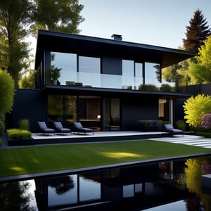 a modern house that is light lit at summer day, in the style of dark reflections, richly layered, moody color schemes, glassy translucence, 8k, expansive spaces, dark tones --ar 128:85