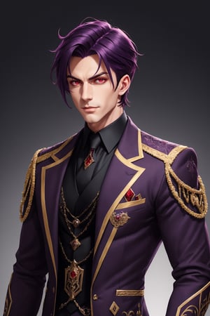 1male, men, dark purple hair, red eyes, sharp, arrogant, arrogant smile, wearing stylish clothes, fantasy detailed background, detailed body, detailed face, detailed eyes