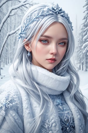 Illustrate a girl with the power of ice, featuring ice-white hair and clothing, set in a snowy landscape. Emphasize (((intricate details))), (((highest quality))), (((extreme detail quality))), and a (((captivating winter composition))). Use a palette of cool blues and whites, drawing inspiration from artists like Artgerm, Sakimichan, and Stanley Lau,midjourney