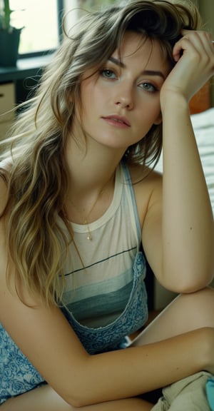 3/4 shot, film still of, an alluring woman with messy hair sitting on the floor of her bedroom looking at the camera, wearing a tank top, masterpiece, UHD