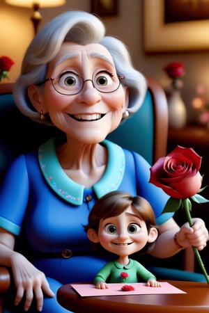 pixar character ,pixar style,a grandmother ,cute smile holding a rose and small envelope, seating at the chair,emotional,tears,very detailed face,living room background,   (best quality), (masterpiece), (best lighting), (high detailed skin:1.0), detailed eyes, 8k uhd, dslr, soft lighting, best quality, film grain, Fujifilm XT3,
