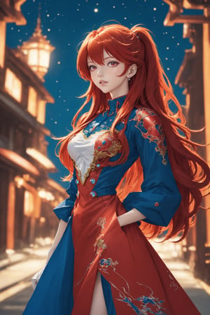 nijiMecha,lora:nijiMecha:0.85,(best quality, masterpiece, colorful, dynamic angle, highest detailed)(Asuka Langley),upper body photo,fashion photography of cute red long hair girl (Asuka Langley),dressing high detailed Evangelion red suit (high resolution textures),in dynamic pose,bokeh,(intricate details, hyperdetailed:1.15),detailed,moonlight passing through hair,perfect night,(fantasy art background),(official art, extreme detailed, highest detailed),HDR+