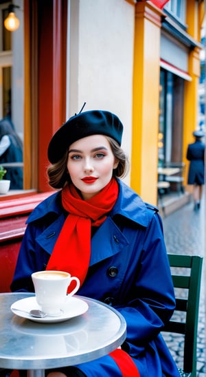 A beautiful young woman with beautiful make-up, wearing a black beret and a red scarf, wearing a red raincoat, a white dress with blue stripes under the raincoat, sitting in an outdoor cafe, next to a cup of coffee and a small bouquet on the table, in the center a portrait of Willem Henrets, watercolor, perfect composition, abstraction
, night, lights, outdoors
,scenery