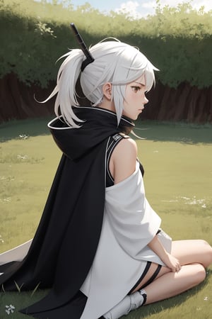 {{texas the omertosa (arknights)}}1girl,white background,White,sitting, grass, from side,head down,sad,solo,