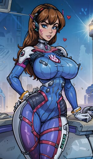 milf, ((extremely beautiful and sexy girl)), (godess hot girl), hand on hip, looking at viewer, cowboy shot, d.va (overwatch), aahana, ((whisker markings)), shoulder pads, blue bodysuit, ribbed bodysuit, animal print, clothes writing, long sleeves, (white gloves), long brown hair, long hair, seducing brown eyes, looking at viewer, freckles, smile, (cheeky), blushed, parted lips, (glossy lips:1.3), (gigantic breasts:1.3), wide hips, well sunlit, (masterpiece:1.5), (intricate details), best quality, (high resolution), (unity 8k wallpaper), (illustration:0.8), (beautiful detailed eyes:1.6), (extremely detailed face), (perfect lighting), (extremely detailed CG), ((perfect hands, perfect anatomy)),ARTSTYLE_AromaSensei_ownwaifu, wide hips, thick hips, latex hips,wide hips, sexy body