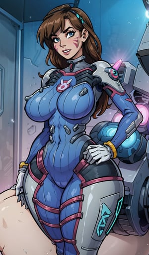milf, ((extremely beautiful and sexy girl)), (godess hot girl), hand on hip, looking at viewer, cowboy shot, d.va (overwatch), aahana, ((whisker markings)), shoulder pads, blue bodysuit, ribbed bodysuit, animal print, clothes writing, long sleeves, (white gloves), long brown hair, long hair, seducing brown eyes, looking at viewer, freckles, smile, (cheeky), blushed, parted lips, (glossy lips:1.3), (gigantic breasts:1.3), wide hips, well sunlit, (masterpiece:1.5), (intricate details), best quality, (high resolution), (unity 8k wallpaper), (illustration:0.8), (beautiful detailed eyes:1.6), (extremely detailed face), (perfect lighting), (extremely detailed CG), ((perfect hands, perfect anatomy)),ARTSTYLE_AromaSensei_ownwaifu, wide hips, thick hips, latex hips,wide hips, sexy body
