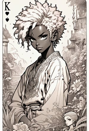 pencil sketch Blasian, Black lad , Harajuku fashion girl anime illustration, light colors, highly detailed, Pixiv, 90s anime style, transparent iridescent RGB hair , African-american lad in the style of tarot card line art