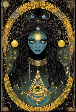 eye twitching in the style of the original rider-waite tarot deck rider-waite tarot card the world major arcana tarot card black  baby girl, mother nature gaia  A sacred geometry