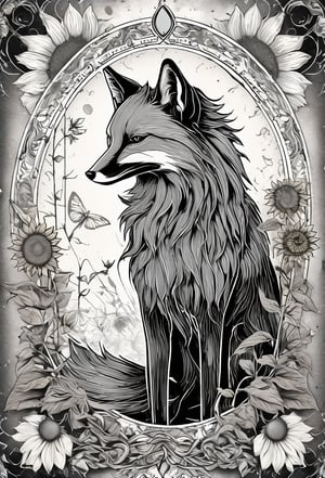tarot card a black and white spiritualism emblem with a sunflower:: and fox::. The sunflower should be prominent and circular, with the fox reference in the center of the flower, straightforward. spirituality nature. Experiment with different shapes and textures to create a visually striking emblem. 16k, super realism, highly detailed