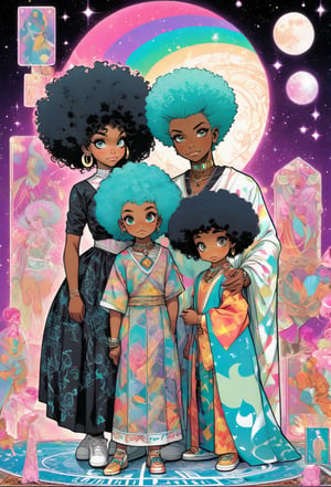 Blasian, Black family , Harajuku fashion girl anime illustration, light colors, highly detailed, Pixiv, 90s anime style, transparent iridescent RGB hair , African-american family in the style of tarot card