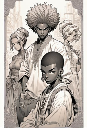 pencil sketch Blasian, Black man , Harajuku fashion girl anime illustration, light colors, highly detailed, Pixiv, 90s anime style, transparent iridescent RGB hair , African-american man in the style of tarot card line art