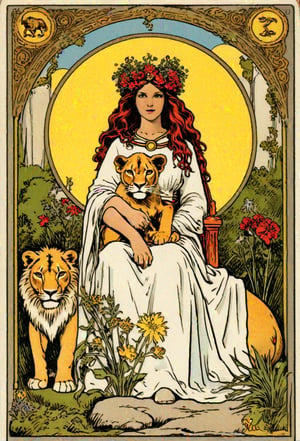 rider-waite tarot card the strength virgin holding lion chariot tarot card.

The woman wears a white robe, showing her purity of spirit, and a belt and crown of flowers that represent the fullest, most beautiful expression of nature. Over her head is the symbol of infinity, representing her infinite potential and wisdom.