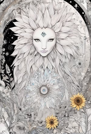 clear quartz crystals Bookstore in the style of whimsical ink drawings, fawncore, hyperrealistic wildlife portraits,  white and gray, intricate costumes, pastel gothic, flowerpunk Fibonacci Sunflower Spiral Sacred Geometry Stencil crystal sparking in the middle with gemstones and rainbows,Vogue