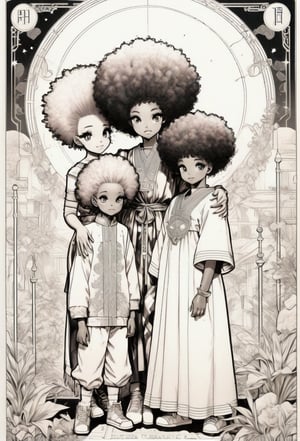 pencil sketch Blasian, Black family , Harajuku fashion girl anime illustration, light colors, highly detailed, Pixiv, 90s anime style, transparent iridescent RGB hair , African-american family in the style of tarot card line art