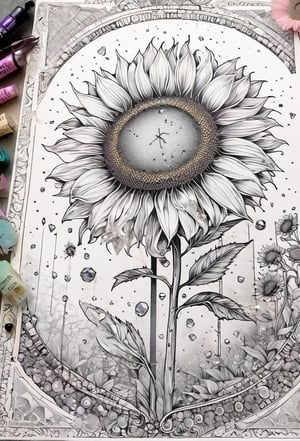 Bookstore in the style of whimsical ink drawings, tarotcore, hyperrealistic wildlife and sunflowers portraits,  white and gray, intricate costumes, pastel gothic, flowerpunk Fibonacci Sunflower Spiral Sacred Geometry Stencil crystal sparking in the middle with gemstones and rainbows, rose quartz