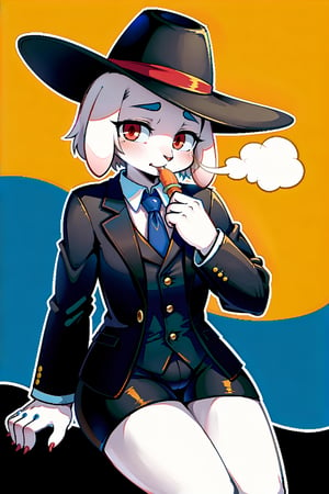 A white rabbit with a black suit, smoking a carrot, black hat, red eyes,Animal