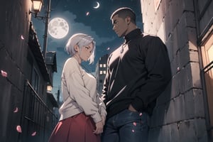 {{a male with chocolate skin, tall, slim, black tech jeans, white pullover, wearing a silver chain, low haircut, hands in the pocket flirting with a curvy girl in red skirts leaning on a wall facing each other}} {{open environment, flying petals, night, under the moon,tall buildings, streets}} 