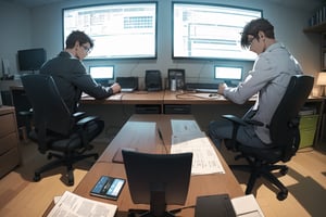 {{3 geek guys, editors sited on the table, overpowered monitors, 3 seperate desk }} 