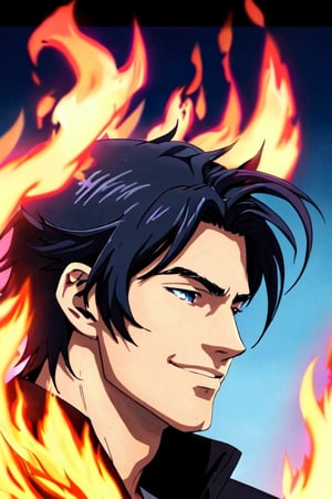 (High Quality), (High Resolution), (HD), (UHD), male, Anime, daytime, "Cris", Blue, Side view, calm, warm Smile, Natural, Flames, border_bg