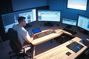 {{three cool guys, video editors sited on the table, freelancers, each backing oneanother, using overpowered monitors, on three seperate desk, camera angle top right}} 