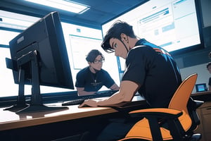 {{three cool guys, video editors sited on the table, each backing oneanother, and wearing shirts labled "TS" on the back, using overpowered monitors, on three seperate desk }} 