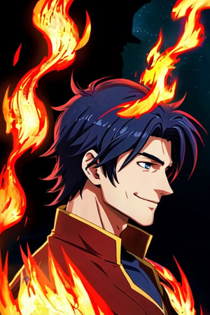 (High Quality), (High Resolution), (HD), (UHD), male, Anime, daytime, "Cris", Blue, Side view, calm, warm Smile, Natural, Flames