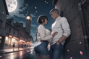 {{a male with chocolate skin, tall, slim, black tech jeans, white pullover, wearing a silver chain, low haircut, hands in the pocket flirting with a curvy girl in red skirts leaning on a wall facing each other}} {{open environment, flying petals, night, under the moon,tall buildings, streets}} 