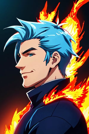 (High Quality), (High Resolution), (HD), (UHD), male, Anime, daytime, "Cris", Blue, Side view, calm, warm Smile, Natural, (Flames Neon blue) border_bg